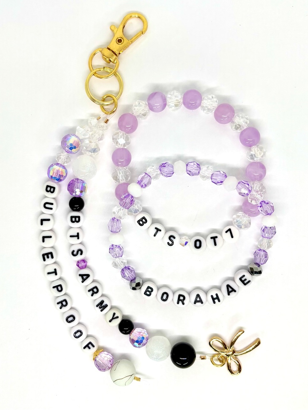 (3pcs) BTS ARMY OT7 BULLETPROOF BORAHAE PURPLE BEADED KEYCHAIN BUNDLE